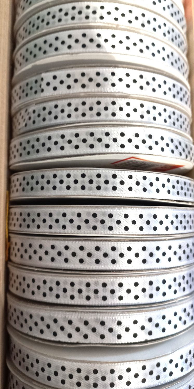 Rotolo di Nastrino di Raso Bianco Stampa Pois Neri h. 1 cm per 45 metri di lunghezza