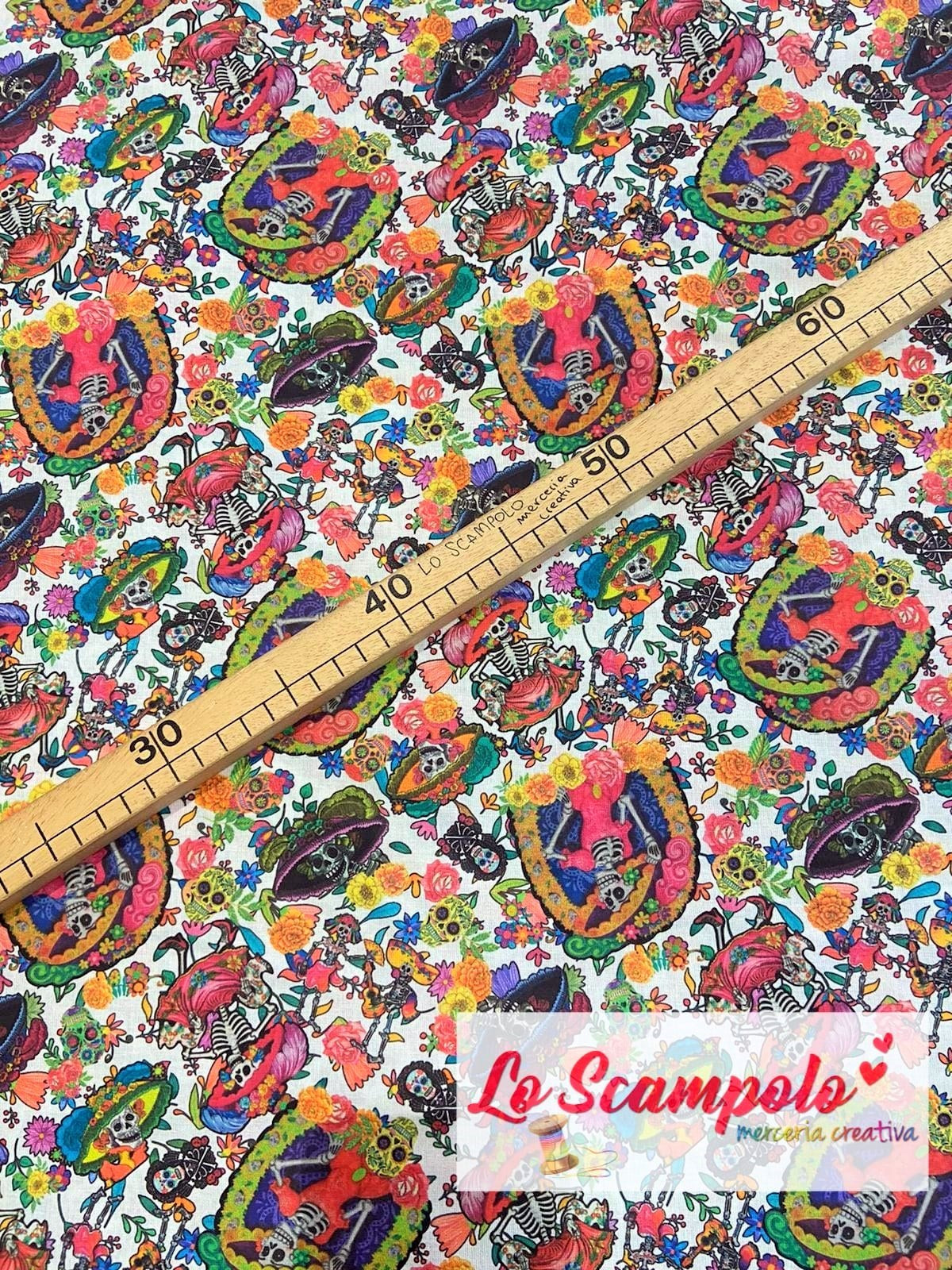 Cotone Stampato Fantasia Teschi Messicani Multicolor