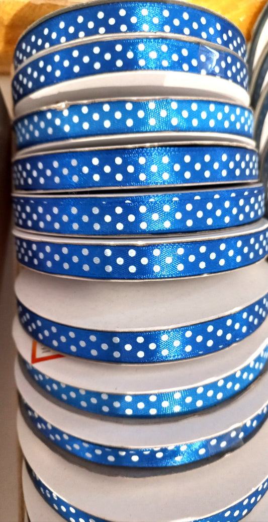 Rotolo di Nastrino di Raso Blu Stampa Pois Bianchi h. 1 cm per 45 metri di lunghezza