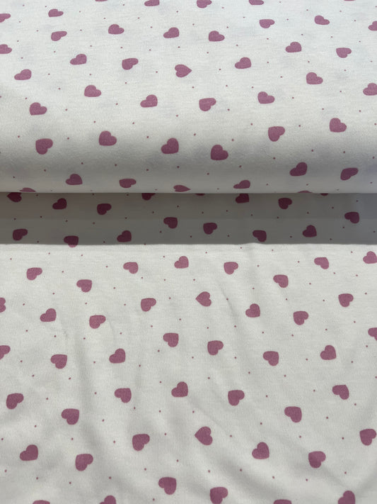 Jersey di cotone fantasia Bianca con cuoricini e pois Rosa