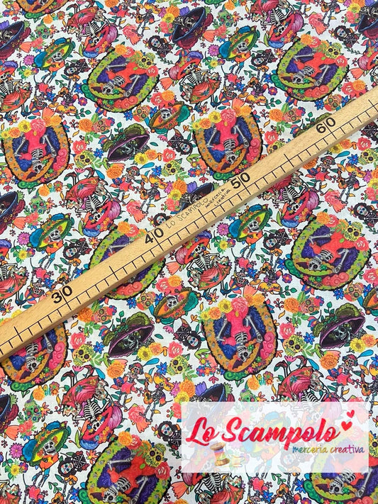 Cotone Stampato Fantasia Teschi Messicani Multicolor